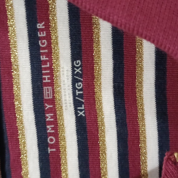 Tommy Hilfiger Wmn's XL Striped Quarter Zip Maroon/gold Polo Shirt - Picture 3 of 7